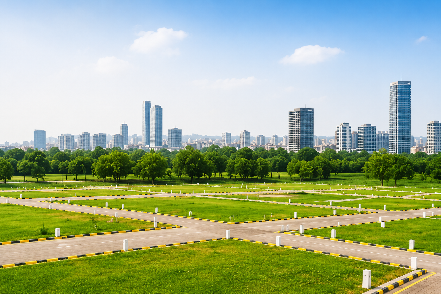 Landscaped residential plot development with city skyline